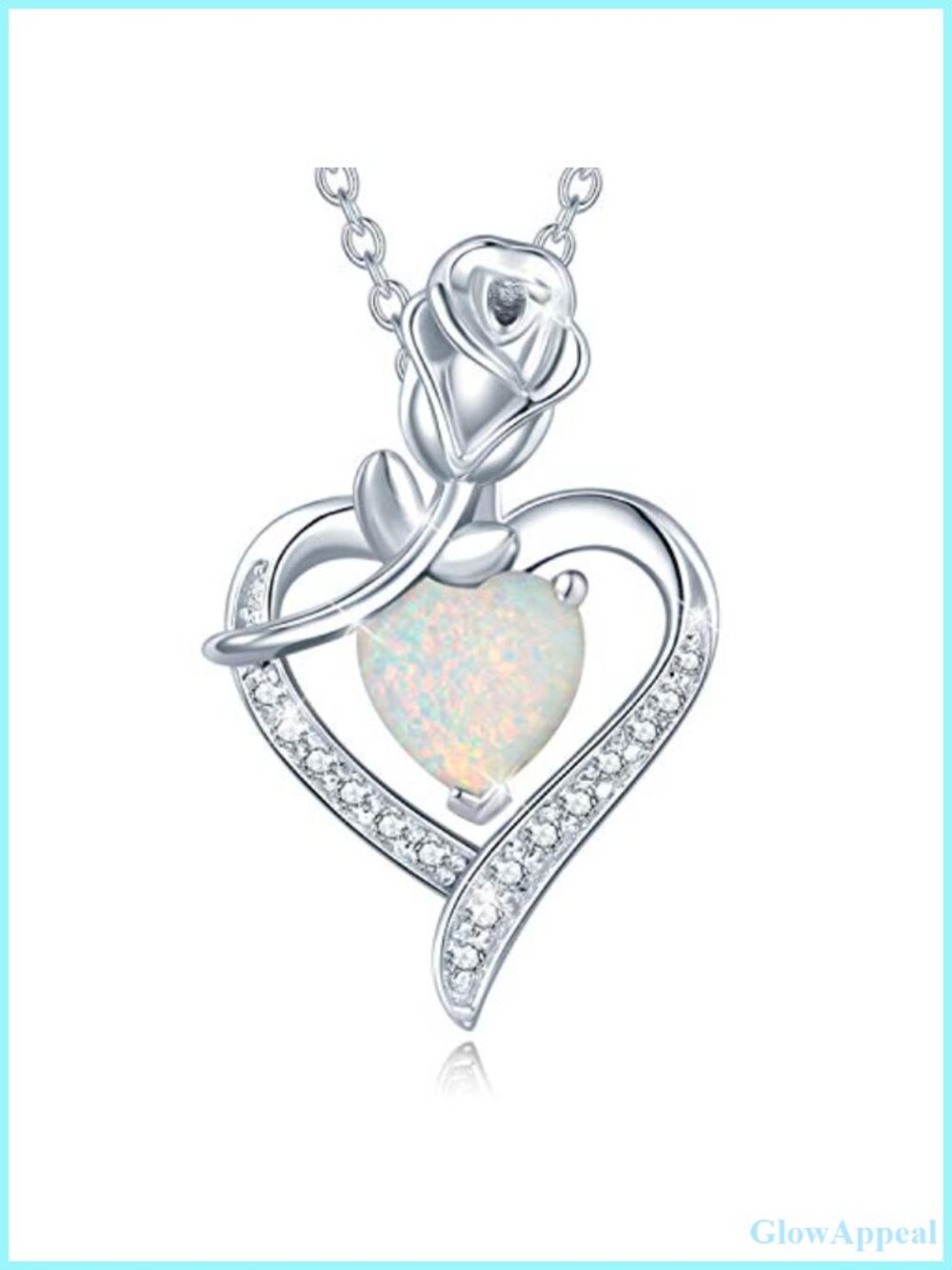 Sterling Silver Created Opal Heart Necklace Rose Flower Pendant